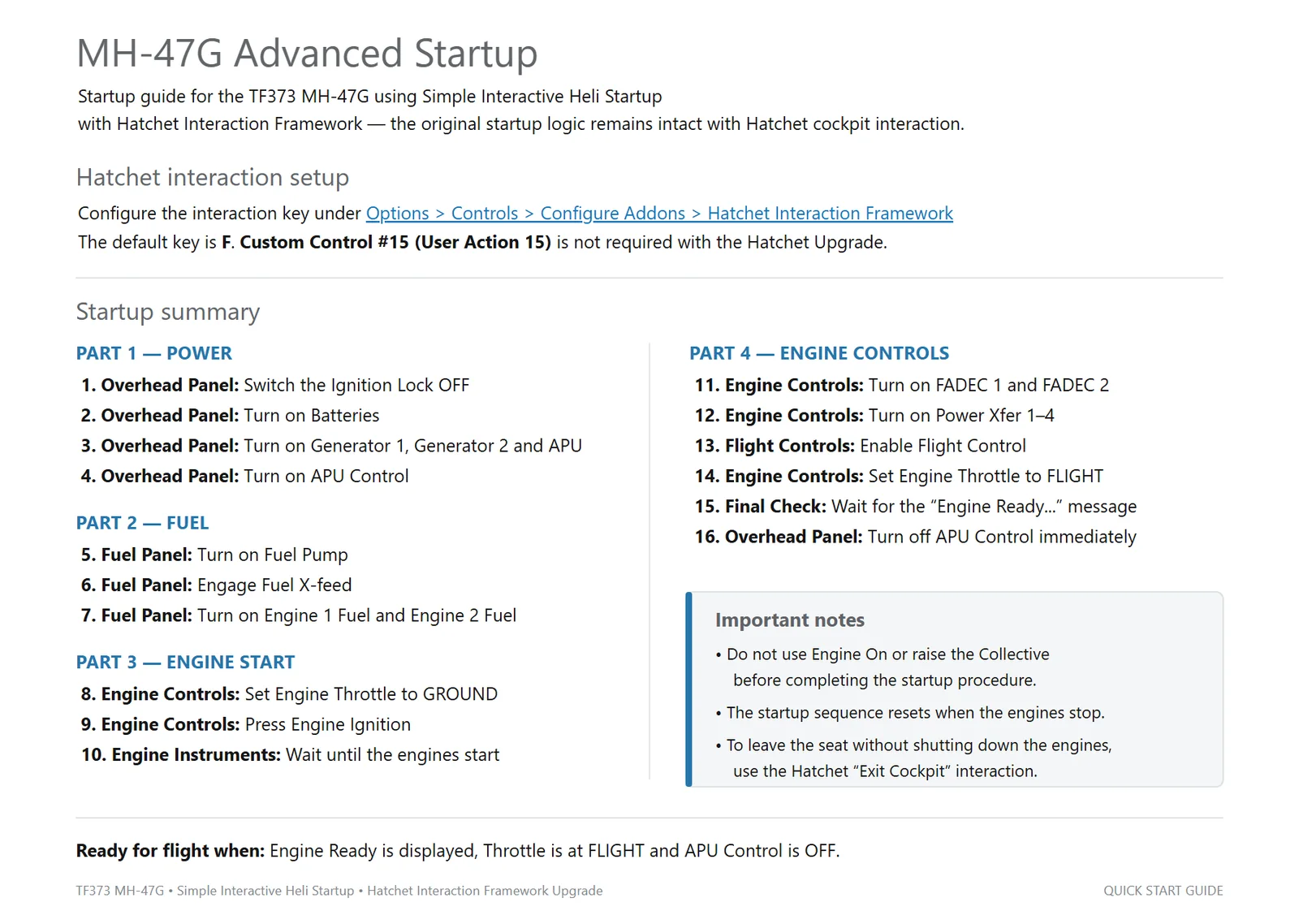 MH-47G Advanced Startup quick reference